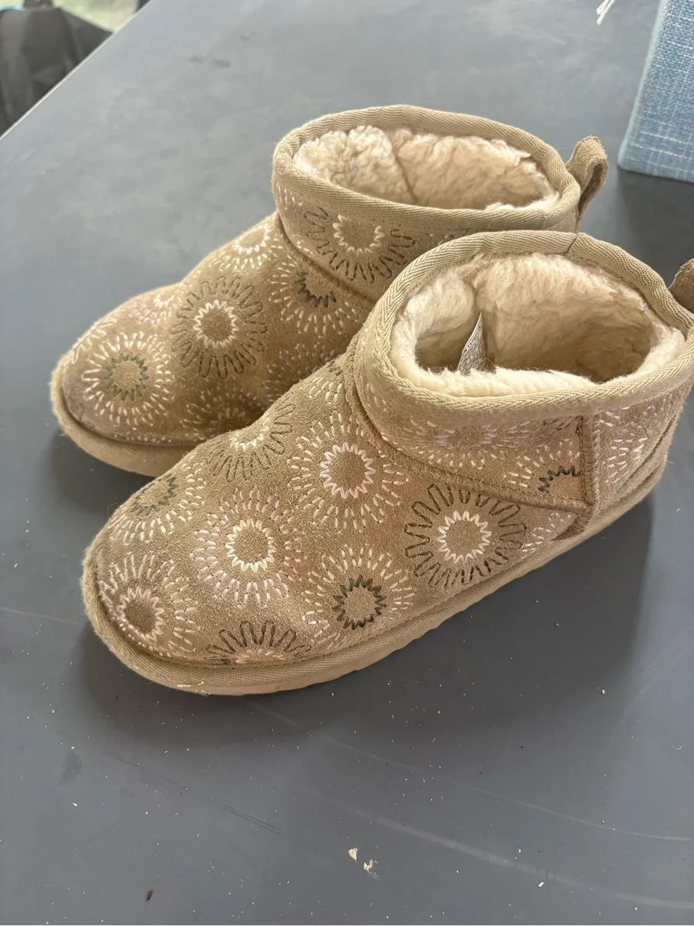 UGG Classic Ultra Mini Sun Stitched Tan Suede Embroidered Short Boot Size 2